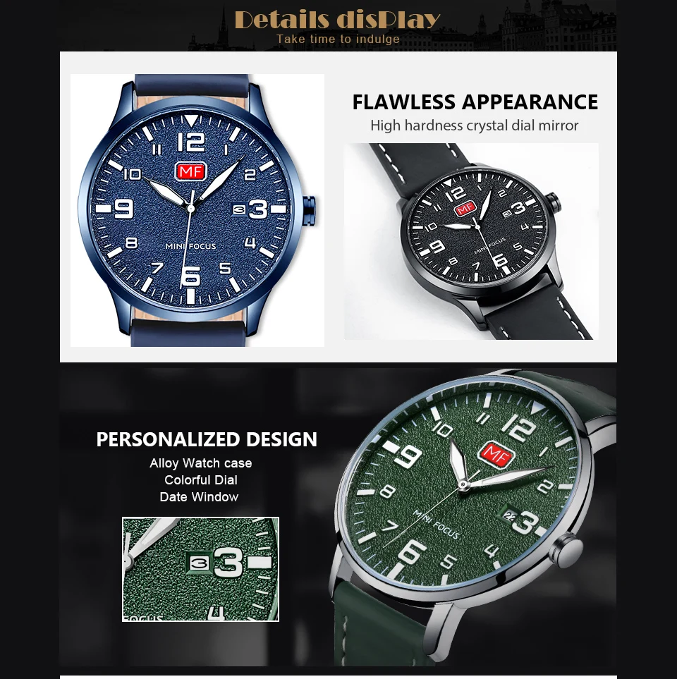 Новинка 2019 модные мужские кварцевые часы MINI FOCUS с зеленым циферблатом
