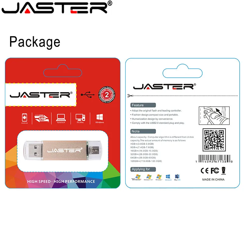 Флэш накопитель USB JASTER OTG высокоскоростной 64 ГБ 32 16 8 4 внешнее хранилище двойное
