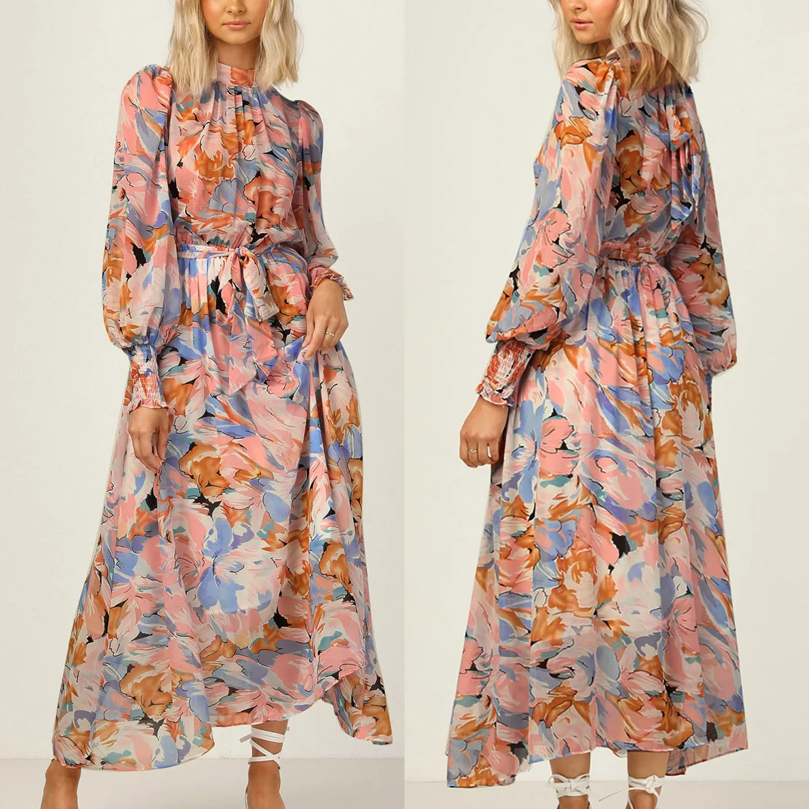 

Женское винтажное платье с цветочным принтом, длинное вечернее платье с длинным рукавом, круглым вырезом и поясом, осень 2021