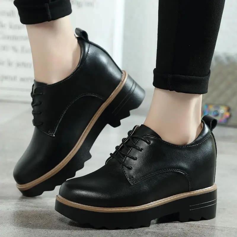 

Leather Shoes Wedge Lace Up Pumps Casual Shoes Woman Heel 8cm Latest Fashion Plateforme Shoes Leather Women Black White Heels