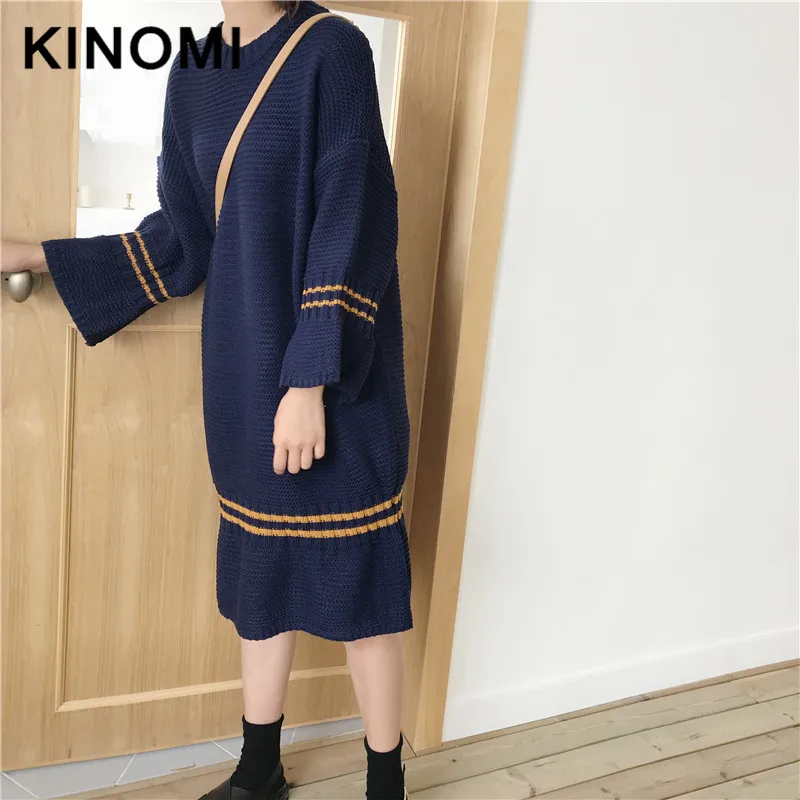 KINOMI Autumn Winter Long Dresses Warm Women Sweater Dress Knitting Loose Sleeve O-Neck Mermaid 2019 New | Женская одежда