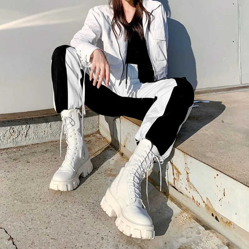 European American style street hip-hop trousers women's stitching contrast high-waist casual pants lace-up trousers overalls