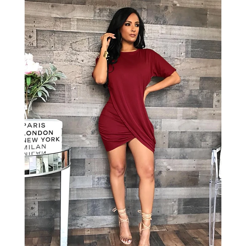 

Tie Dye Print Sexy Dress Women Round Neck Short Sleeve Pleated Asymmetric Wrap Dress Ladies Causal Short Tshirt Dress