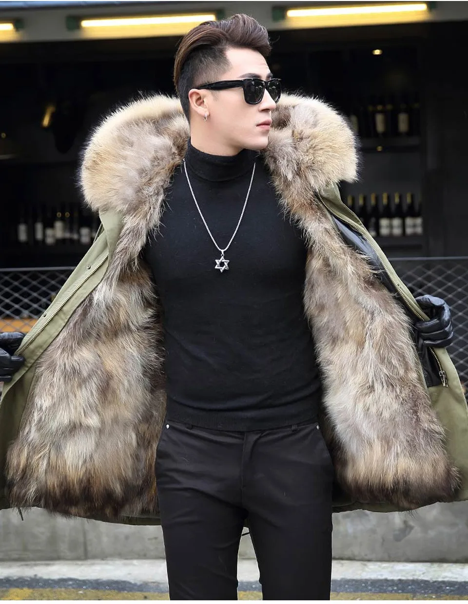 Мужская и Женская длинная куртка с капюшоном из натурального меха енота, толстые парки, зимние пальто с воротником из натурального меха енота A#40