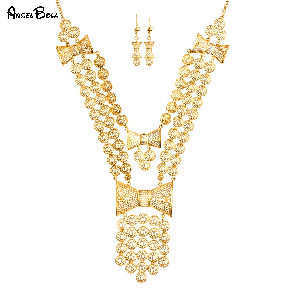 

Muslim Islamic Long Gold Hollow Lady Charm Necklace Set Turkey Middle East Earrings Bow Jewelry Set Wedding Wedding Holiday Gift
