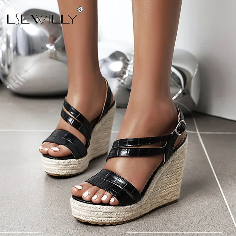 

Lsewilly/Большие размеры 34-43, 2020 г. Модные женские босоножки Вечерние туфли на танкетке с пряжкой летние женские туфли-лодочки черного цвета, 2020 ...