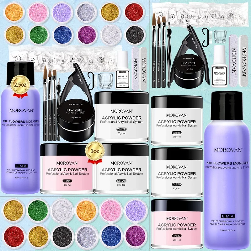 

Nail Crystal Carving Glitter Acrylic Powder Nail Liquid Monomer with Nail Tips for Manicure Tools Nails Art kit Extension Glue