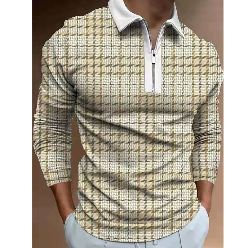 

Autumn New khaki Plaid Men's Streetwear Fashion Patchwork Men Long Sleeve Polo Shirts Casual Turn-down Collar Zipper Design Tops