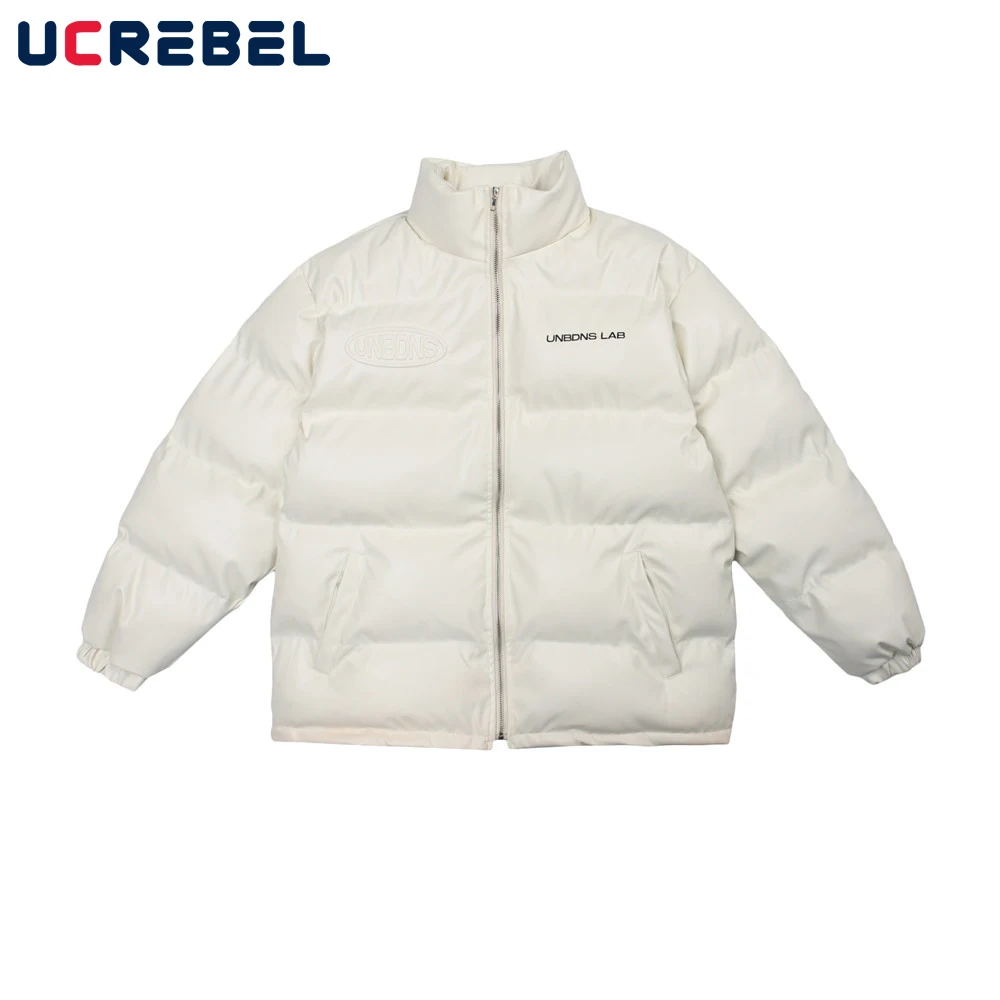 

Letter Print Quilted Jacket Mens High Street Winter Thick PU Leather Jacket Streetwear Casual Loose Padded Jacket Outerwear Men