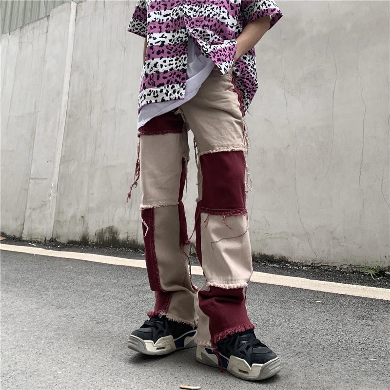

High Street Color Block Fringe Denim Trousers Mens Straight Tassel Spliced Jeans Oversize Ripped Loose Casual Jean Pants