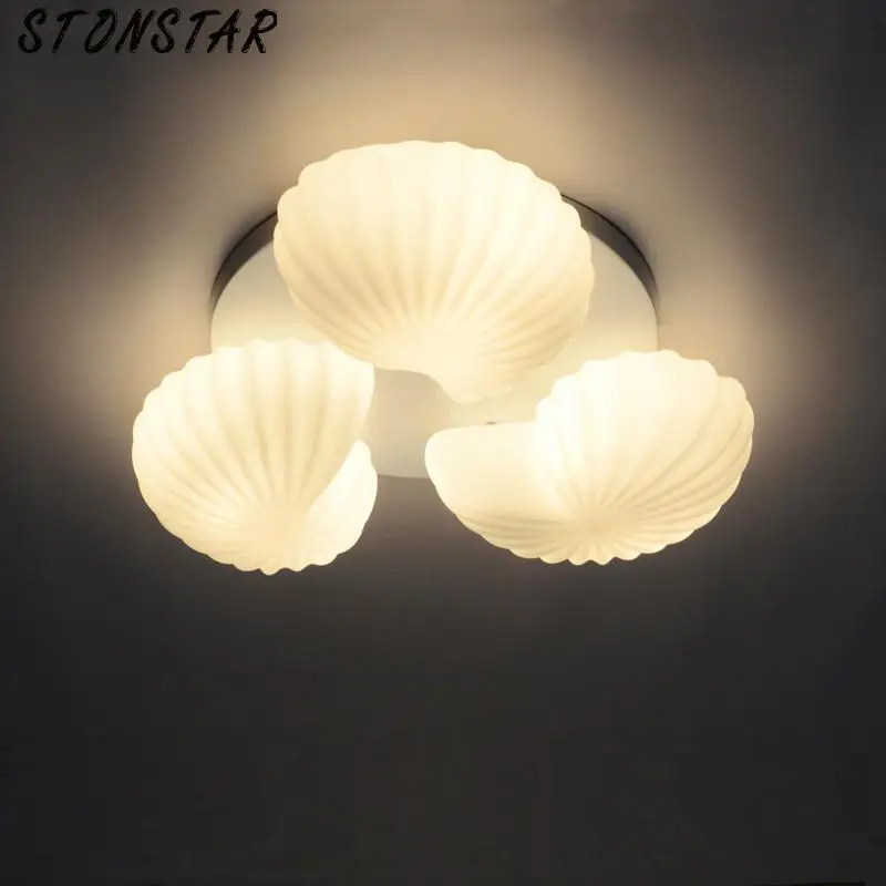 

brief LED bulb scrub white glass ceiling light fixture home deco 3* E27 bulb mediterranean sea shell ceiling lamp 1642657