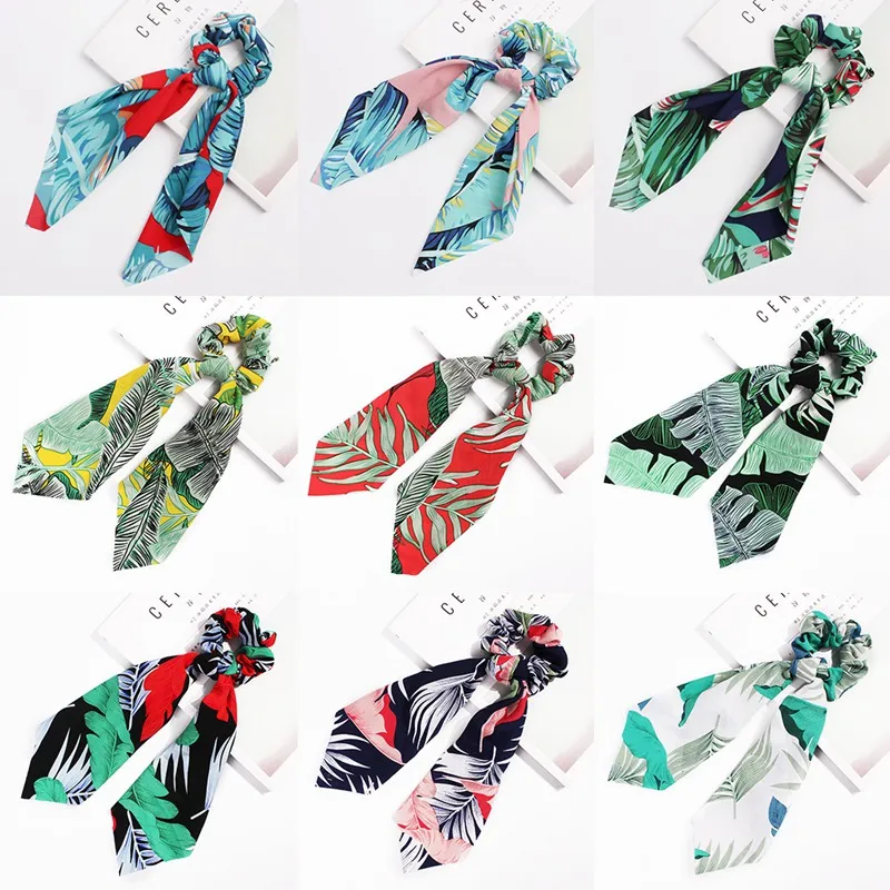 

Tropical Travel Bow Long Ribbon Hair Scrunchie Chiffon Floral Print Elastic Hair Band Ponytail Hair Accessories