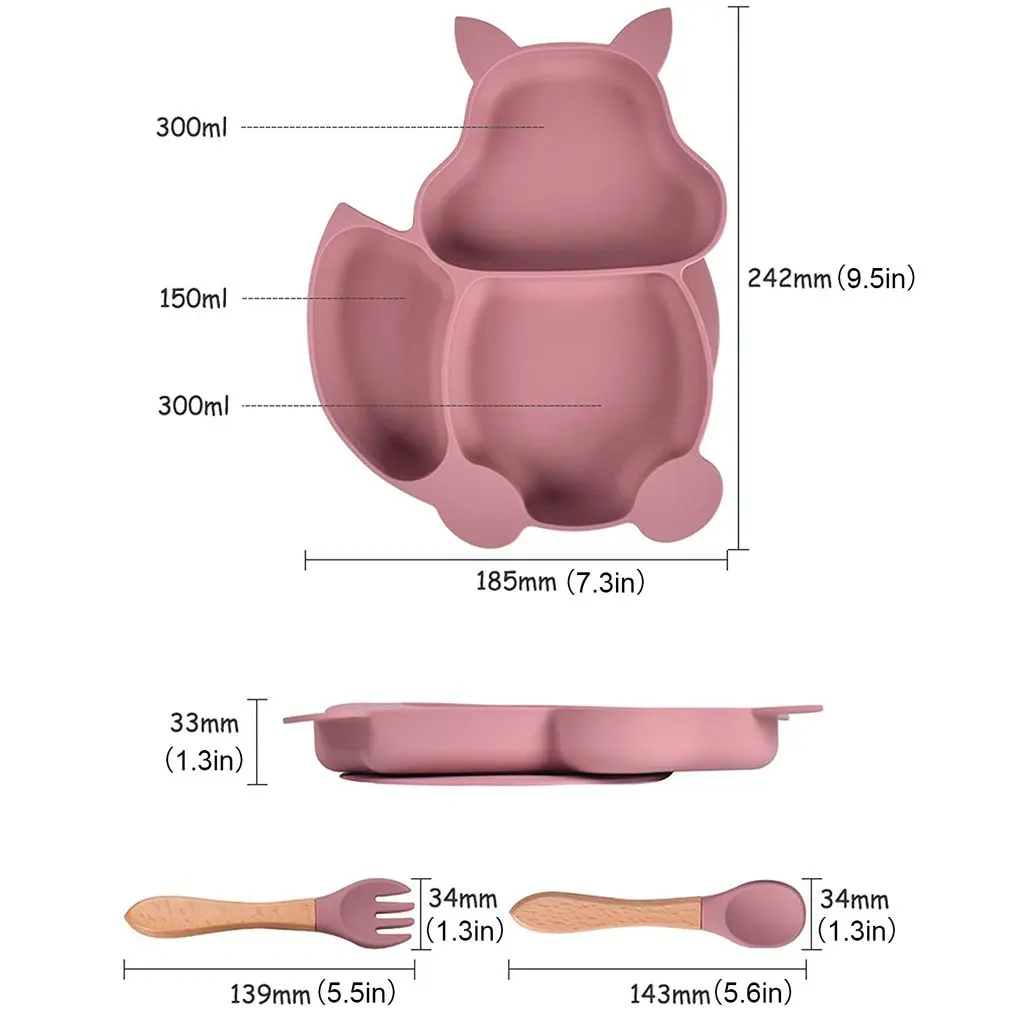 

Food Plate Bowl Set Mini Silicone For Kids Non-Slip Plate With Suction Cup Table Set With Wooden Handle Spoon And Fork