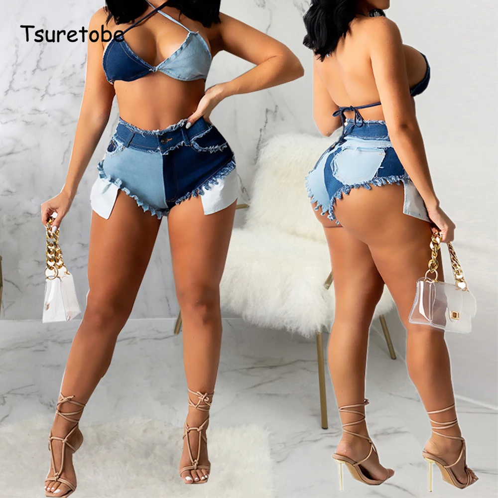 

Tsuretobe Patchwork Jeans Women Summer Bodycon Streetwear Fashion Festival Clothing Sexy Casual Denim Shorts Slim Mini Jeans