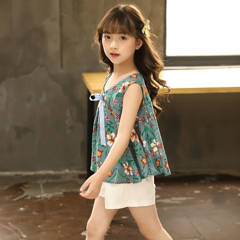 

Sweet Sleeveless Children's Suit Floral Cotton And Linen Two-Piece Teen Girls Clothing Ensemble Fille 5 6 7 8 9 10 11 12 13 Ans