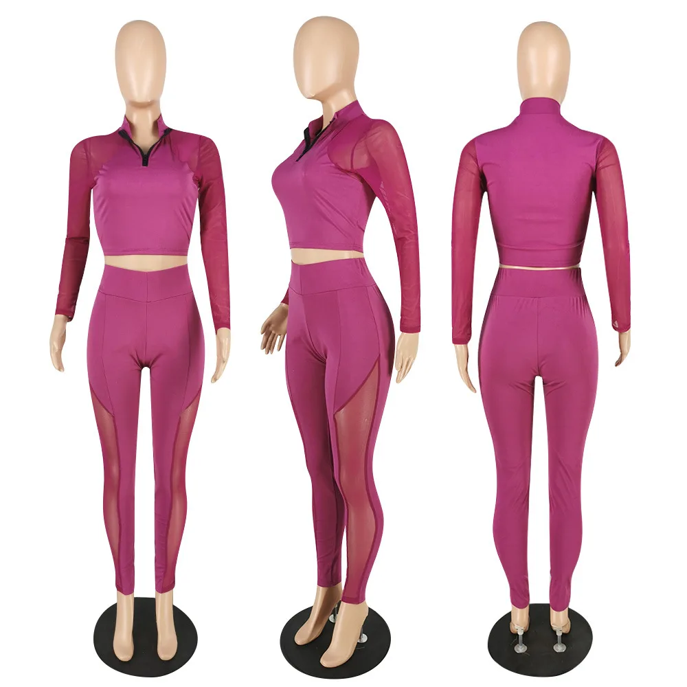 

HAOOHU 2020 winter women's sets tracksuits sportwear fashion sexy mesh patchwork solid long sleeve v-neck tight pants 2-pc suits