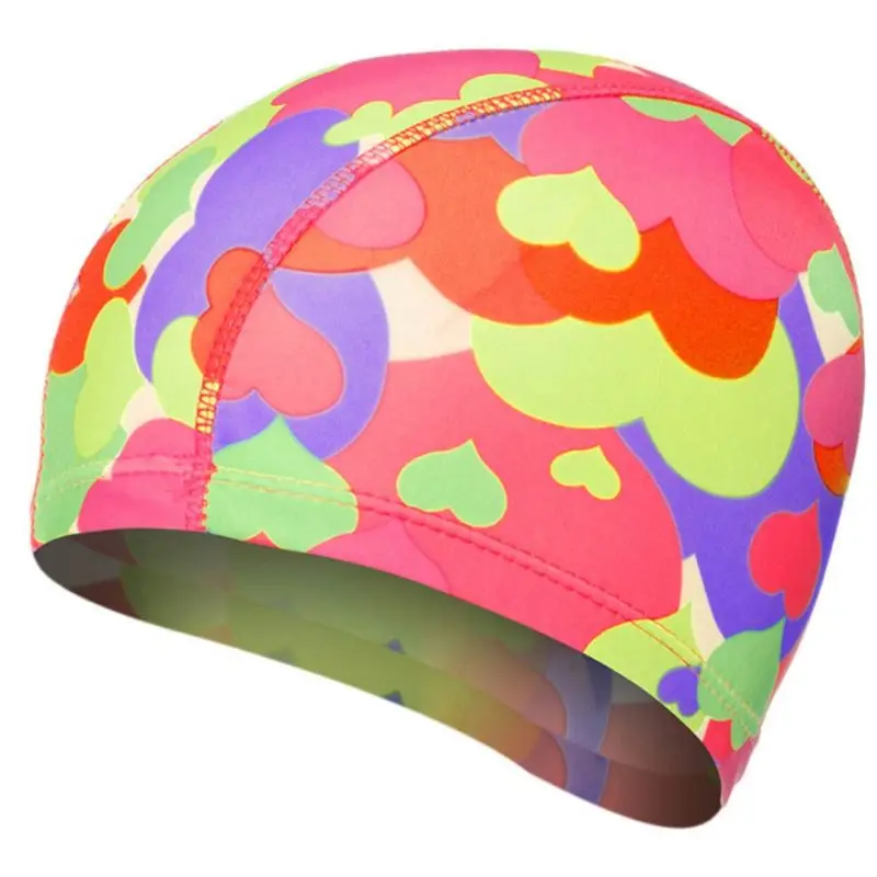 

Adult Children Waterproof Stretchy Swimming Cap Colored Heart Floral Digital Printing Ears Protection Long Hair Bathing SPA Hat
