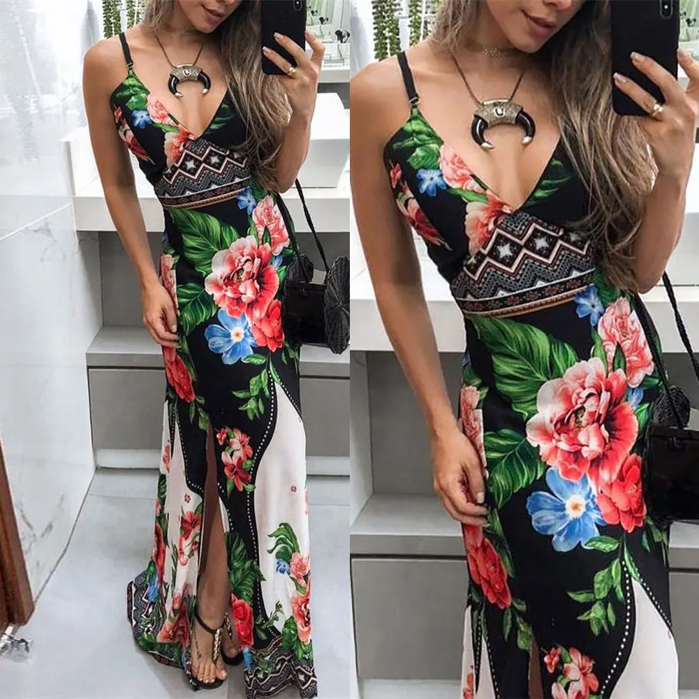 Женское платье на бретельках с v-образным вырезом цветочным принтом Боковым