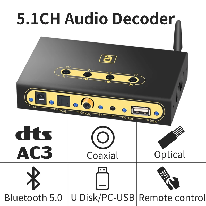 Decodificador de Áudio sem Fio Bluetooth Reciever Dts Ac3 Adaptador Óptico Coaxial u Play Pc-usb Conversor Controle Remoto Da720 5.1ch 5.0