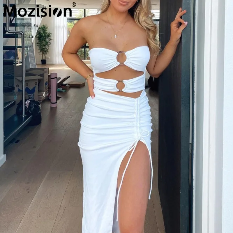 

Mozision Открытое платье без бретелек с рюшами платье для женщин пикантные безрукавный с Боковым Разрезом платья женские пляжное праздничное п...