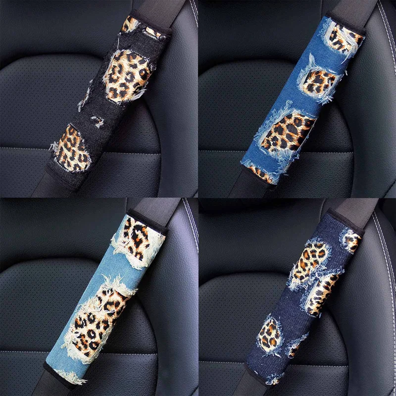 

M C 23cm Leopard Denim Car Seat Belt Cover Shoulder Pad Universal Auto Cushion Protector Safety Belts Covers Car Accessories