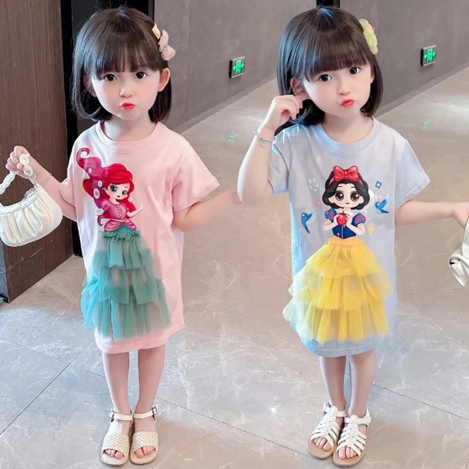 

Fashion Girls Summer Dress Cartoon Elsa Snow White Princess Little Mermaid T-Shirt Frocks 1-6T Kids Casual Tops