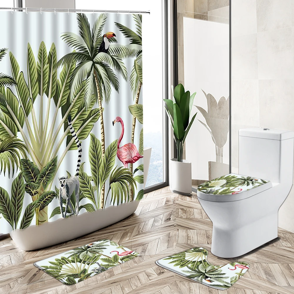 

Tropical Plant Forest Scenery Shower Curtain Palm Leaf Flamingo Parrot Bird Animal Bathroom Non-Slip Pedestal Rug Toilet Cover