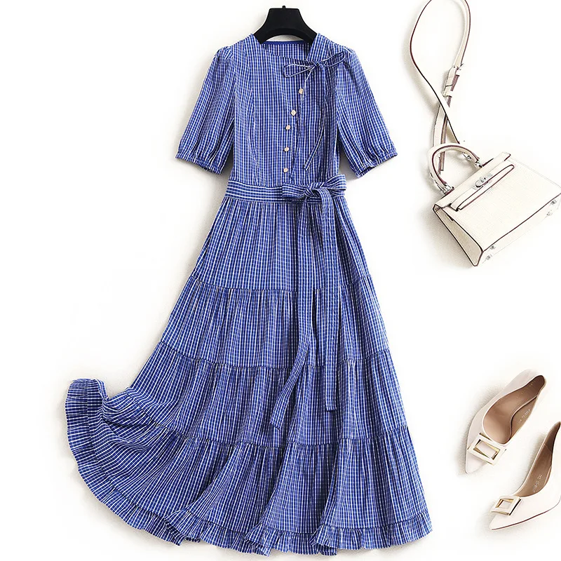 

2021 Summer Women Temperament Diagonal Collar Short Sleeves Plaid Printing Lacing Belt Bow Tie Cotton Blended Dress