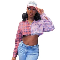 european and american womens fall spring new fashion casual style contrast plaid short cropped long sleeved all match blouse