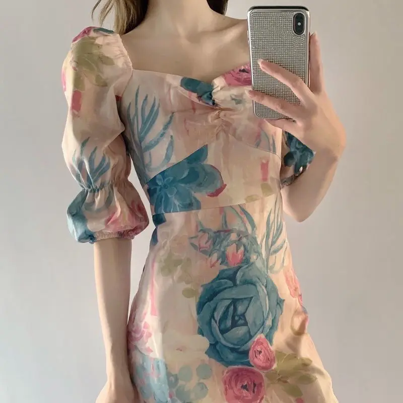 

Женское платье с квадратным вырезом, повседневное длинное облегающее платье с высокой талией и принтом, с коротким рукавом, в винтажном сти...