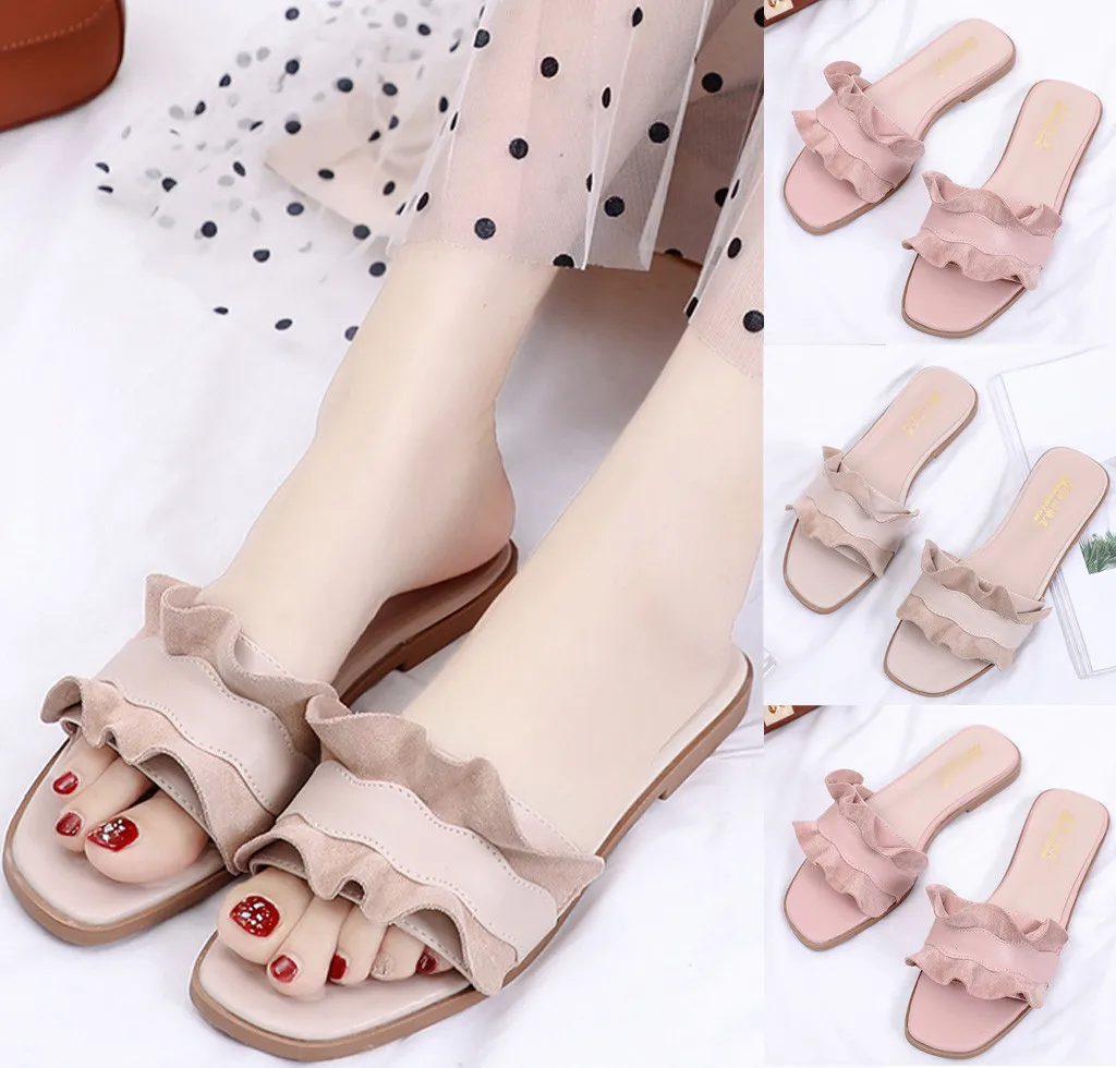 

Fashion women's slippers summer flat lace suede round head pleated lace soft bottom non-slip beach slippers new listing