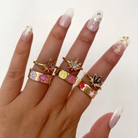 just feel 2pcsset bling pink crystal maple leaf rings for women fashion gold color smiley star flower enamel metal ring jewelry