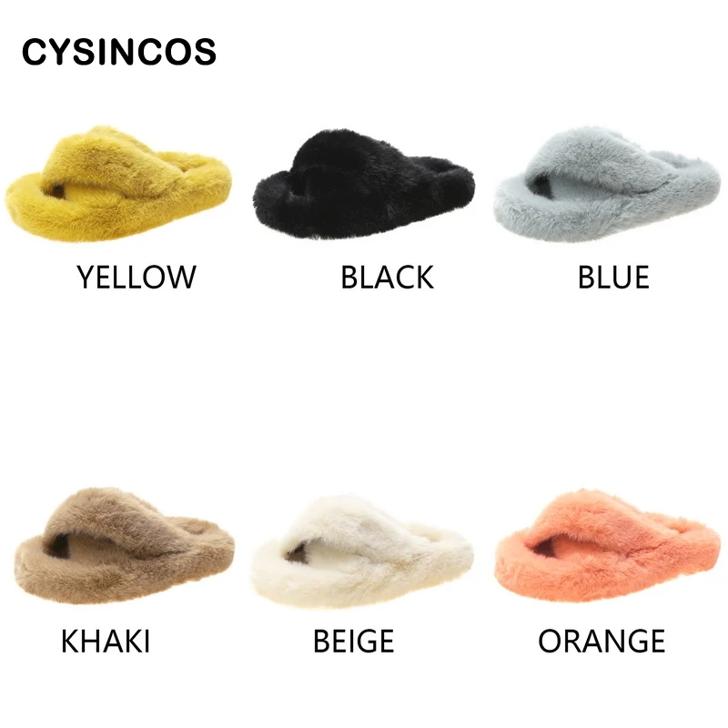 

CYSINCOS Furry Ladies Slippers Winter Warm Indoor House Casual Shoes Woman Cute Fur Flip Flops Rubber Sole Non-Slip Flat Sandals