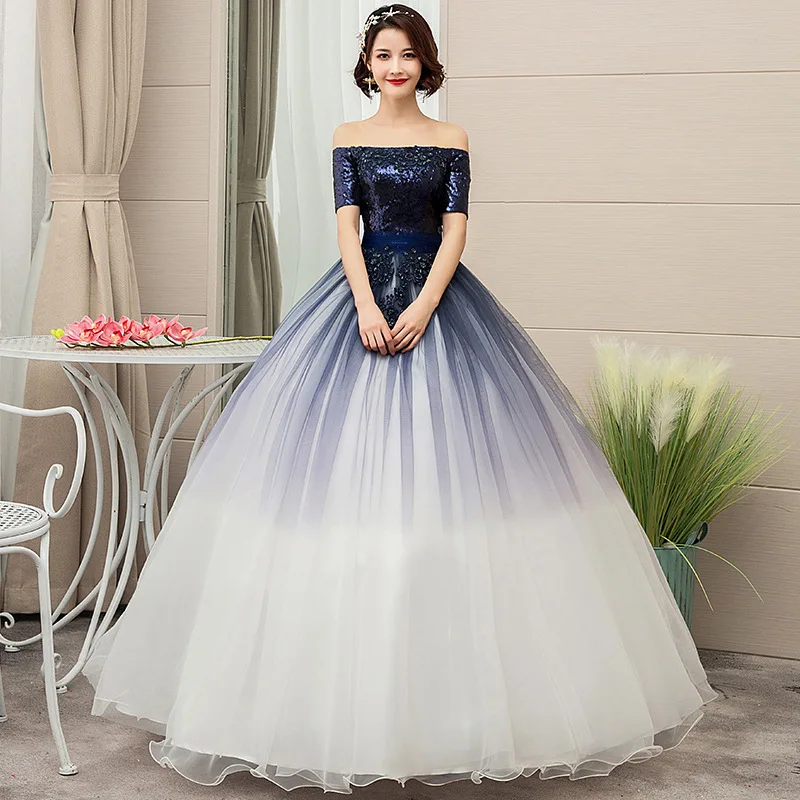 Пышные платья Quinceanera с открытыми плечами темно синего и белого цвета для