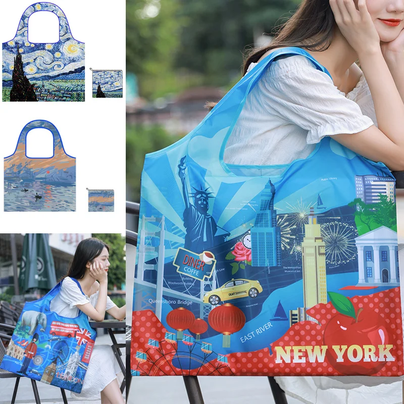 

Foldable Shopping Bag Oil Painting Print Shop Bag Lightweight Environmental Protection Bag Large-Capacity Portable Storage Bag