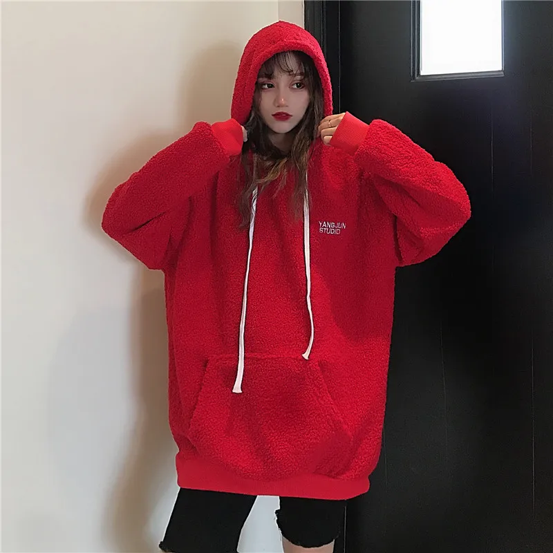 

Winter plush hoodie fashion vintage loose Korean women's hooded sweatshirt ulzzang Harajuku casual warm pullover ins hoodie