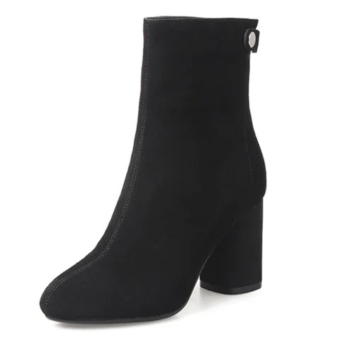 

Autumn and winter 2020 thick heel round head frosted short high heel single middle heel back zipper bare boots women's