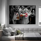 Картина на холсте с изображением сексуальной курительной и питьевой девушки, постеры и принты, поп-арт, Женская Настенная картина для спальни, домашнего бара, декор на рамке