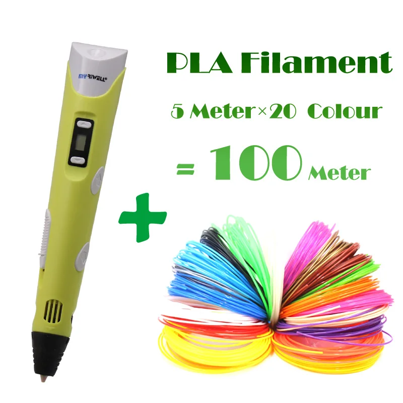 Yellow 100M Filament 3d Ручка Myriwell 2 поколения ЖК-дисплей DIY 3D печать Ручка искусство 3D ручки для детей Инструменты для рисования Высокое качество ABS PLA пластик - Цвет: Yellow 100M Filament