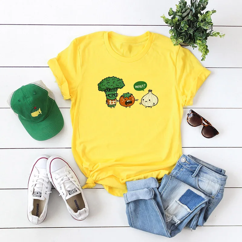 Свежие овощи милые смешные экспрессии футболки для женщин Vogue короткий рукав Kawaii