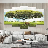 5 panels green yellow red tree posters forest prints canvas painting wall art for living room landscape pictures home decor