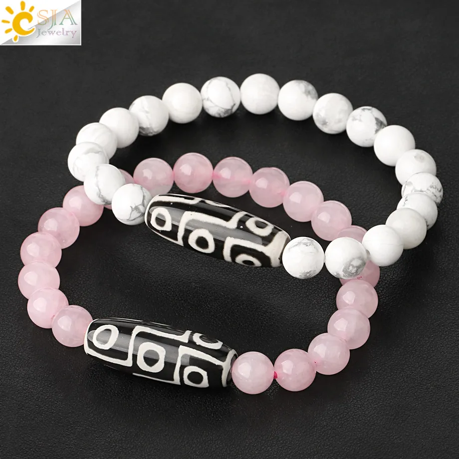 CSJA Natural Stone Elastic Strand Bracelets Lava Pink Quartz Tibetan Bead Agates Dzi Healing Bracelet for Women Men Jewelry G452 | Украшения
