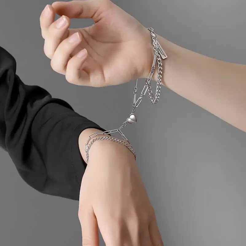 

Stainless Steel Magnet Couple Bracelet Cuban Chain Charm Bracelet For Lovers Heart Attract Paired Brazalete Jewelry best Gifts