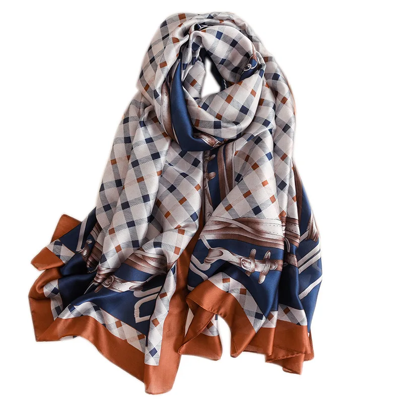 

2021 Spring Plaid Print Sillk Scarf for Women Fashion Designer Bandana Shawls and Wrap Pashmina Female Foulard Beach Hijab Stole