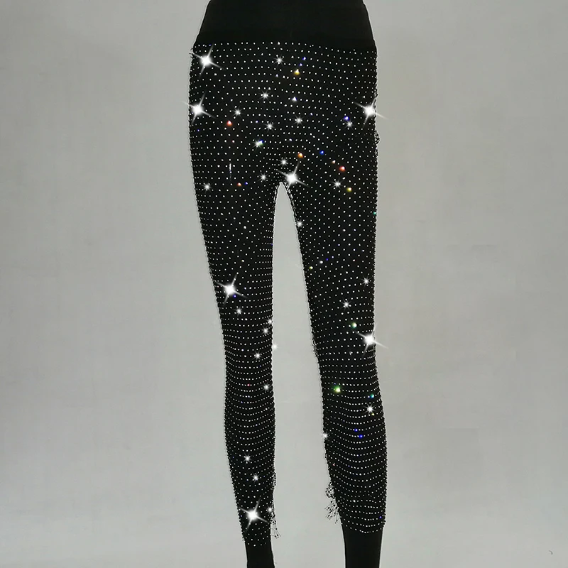 

Black Diamonds Fishnet Sexy Pants Women Bottoms Crystal Rhinestones Hollow Out Transparent Beach Club Party Trousers