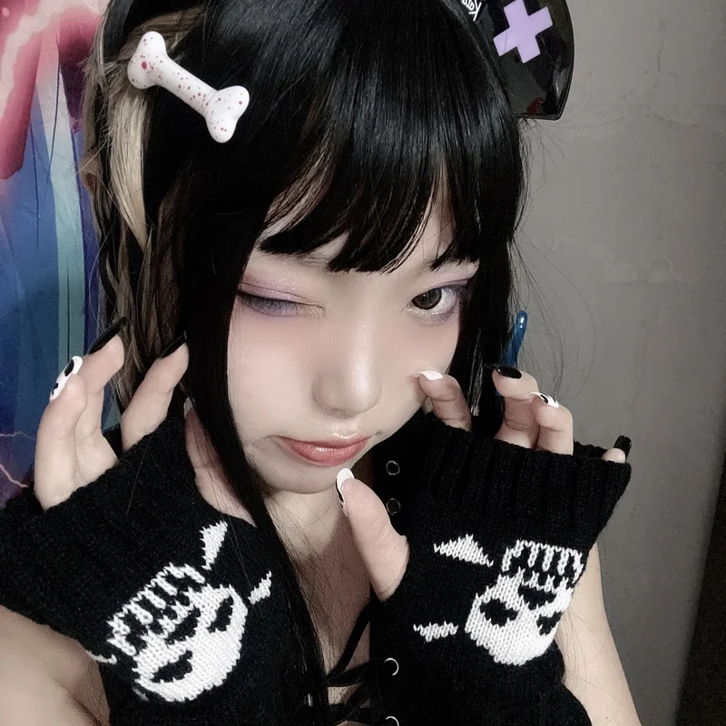 

Gothic Harajuku Punk Style Black Skull Half Finger Long Glove Women Knit Length Sleeve Fingerless Gloves Streetwear