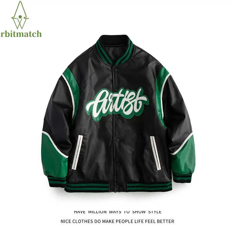 

New Winter Letter Embroid Patchwork Thck Warm PU Leather Motorcycle Jacket Women Unisex Man Bomber Varsity Baseball Coat Street