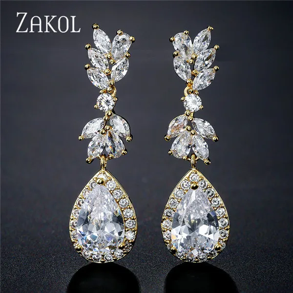 ZAKOL, белый цвет, в форме цветка, циркон, капля воды, кристалл, подвеска, висячие серьги для невесты, свадебные украшения, аксессуары FSEP2226 - Окраска металла: Gold Color