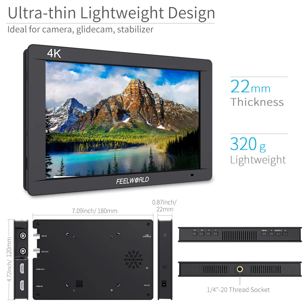 Фото FEELWORLD 7-дюймовый монитор для камеры FW703 3G-SDI 4K HDMI IPS Full HD 1920x1200 с историями для камеры-стабилизатора №3