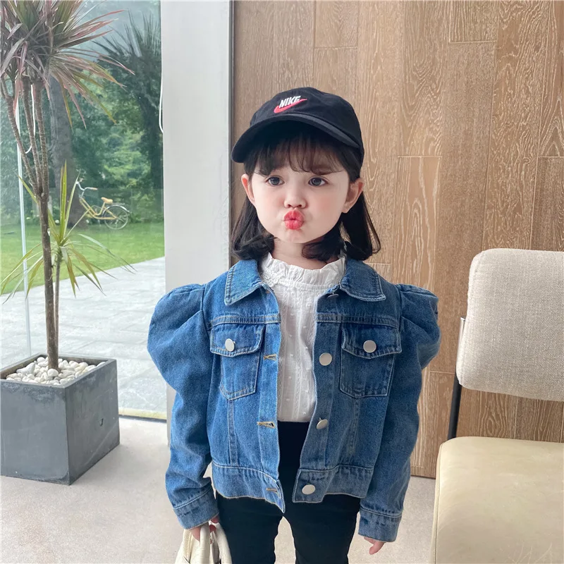 

Spring and Autumn Korean Style Girls Jean Jacket Puff Sleeve Baby Girl Short Denim Single Breasted Toddler Kids Denim Coat Cloth